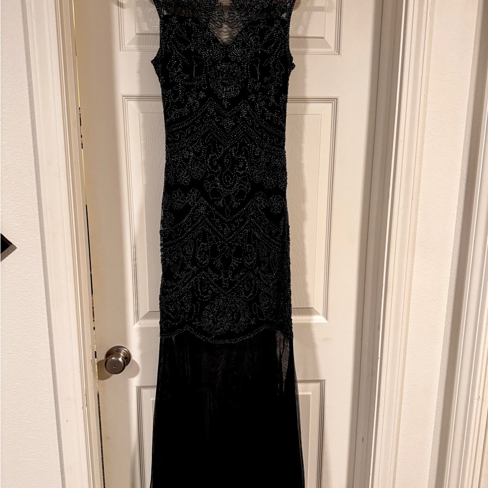 Navy Blue Beaded and Mesh Evening Gown